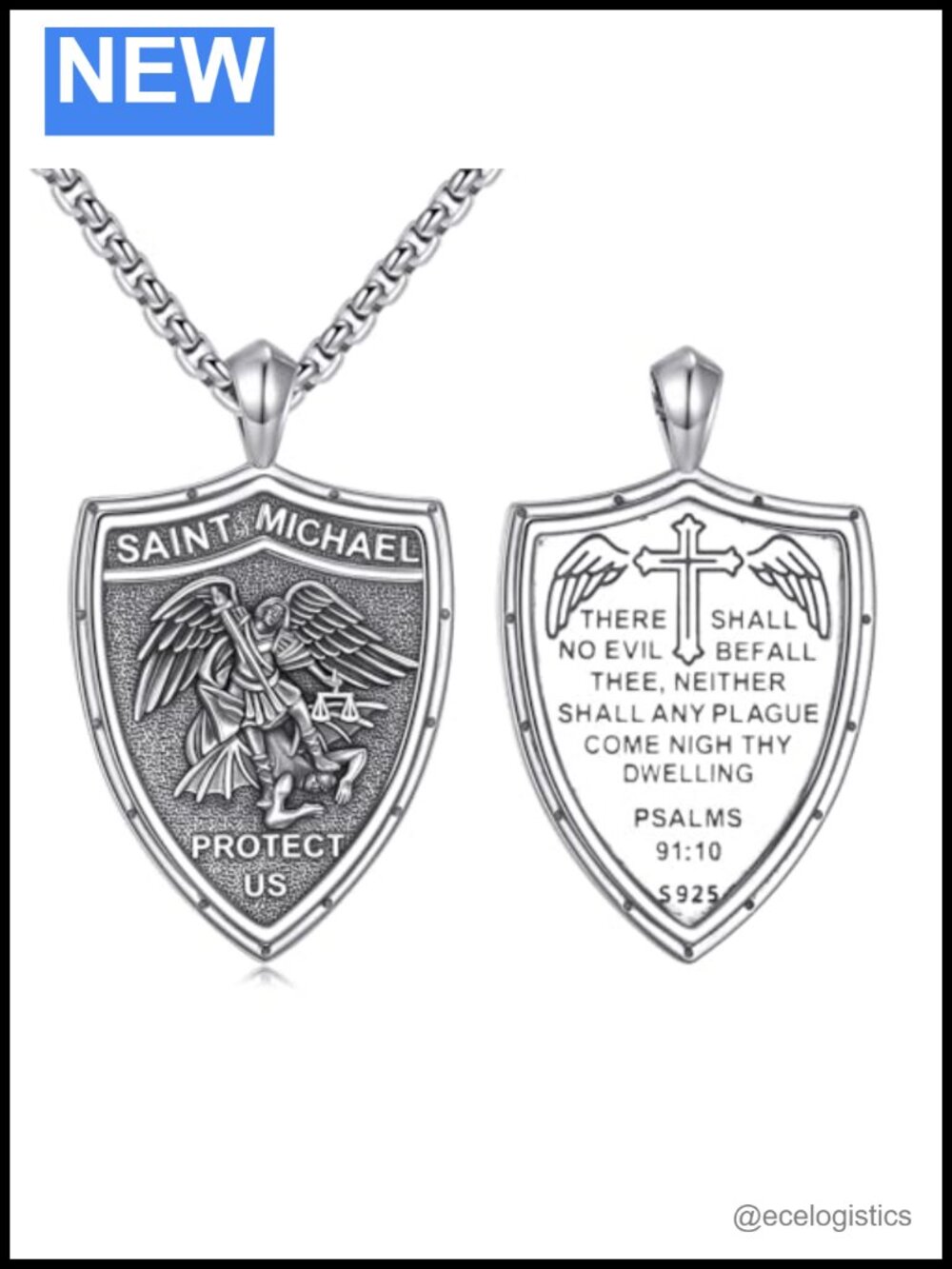 Sterling Silver Saint Michael Shield Pendant Necklace
